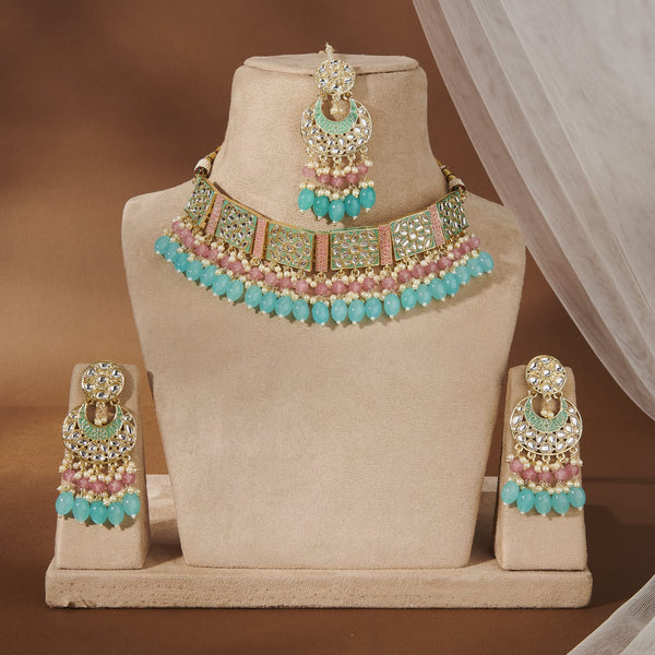 JIA KUNDAN & MEENAKARI CHOKER SET WITH TURQUOISE BEADS